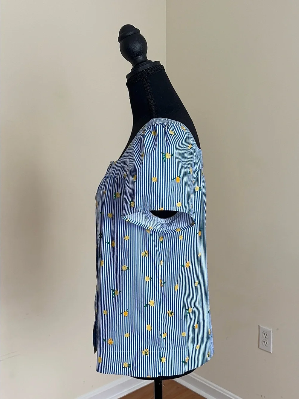 J. Crew Blue Striped Lemon Print Square Neck Puff Sleeve Top Size Small
